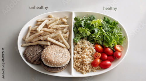 Balanced diet concept with burger and vegetables on white plate 