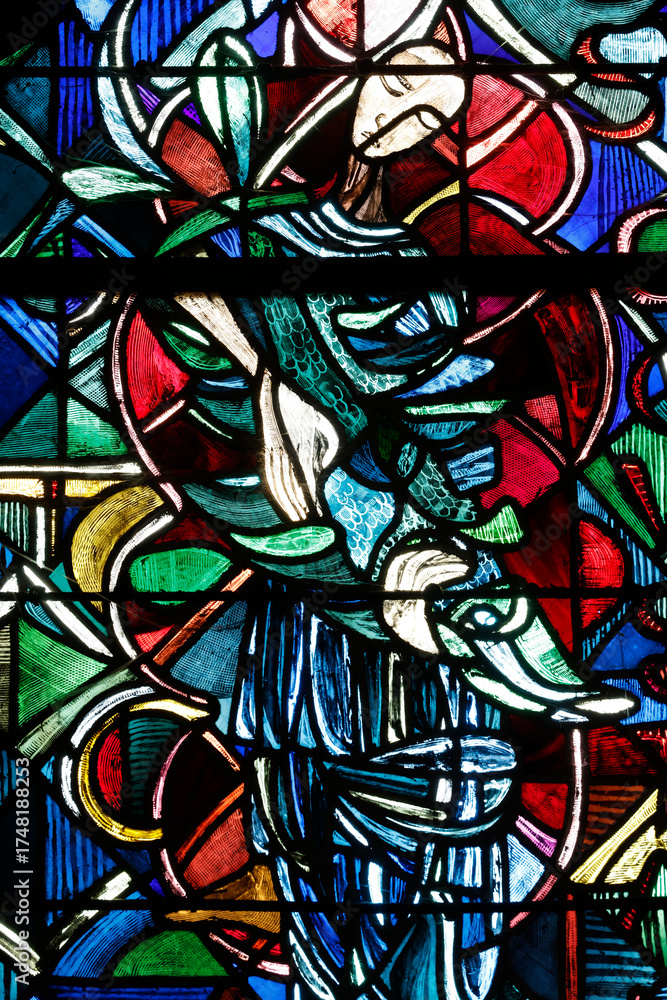 Fototapeta premium Saint Gildas church. Stained glass. Virgin Mary. Rhuys. France.