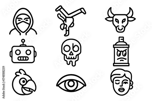 Street Art Icons. Line style icons of street art characters: masked figure, urban dancer, animal head fusion, robot face, graffiti