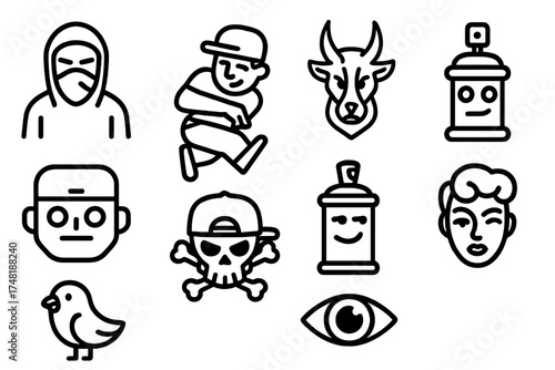 Street Art Icons. Line style icons of street art characters: masked figure, urban dancer, animal head fusion, robot face, graffiti