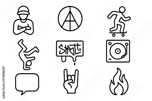 Street Art Icons. Line style icons of street art cultures: hip hop influence, punk symbol, skate crew, breakdance icon, streetwear