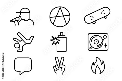 Street Art Icons. Line style icons of street art cultures: hip hop influence, punk symbol, skate crew, breakdance icon, streetwear