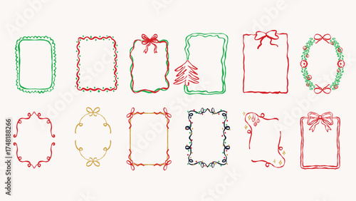 christmas hand drawn frame collection with festive doodle borders in red green gold and blue decorated with bows trees and ornaments perfect for greeting cards invitations posters and holiday design