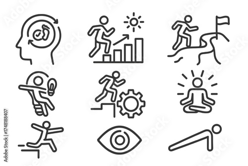 Parkour Mindset Icons. Line style icons of parkour mindset: fear control, personal growth, determination path, creative movement,
