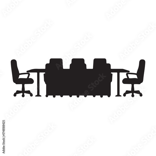 Black Silhouette of Conference Room Table and Chairs Minimalist Design Meeting Room Interior Space Vector Illustration Business Meeting Concepts