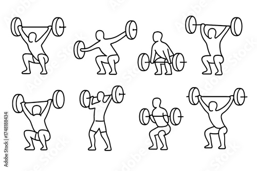 Olympic Weightlifting Icons. Line style icons of Olympic weightlifting movements: snatch, clean and jerk, clean pull, power clean,