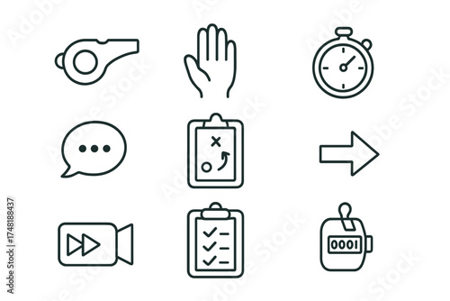 Coaching Icons in Line Style. Line style icons of coaching and cues: whistle icon, visual cue hand, lift timer, cue speech bubble,