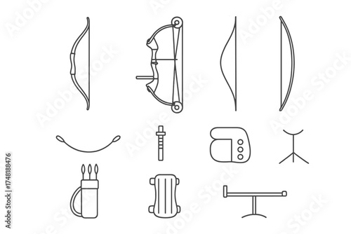 Archery Gear Icons. Line style icons of archery equipment: recurve bow, compound bow, traditional longbow, bowstring, stabilizer