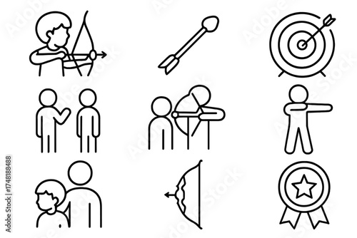Beginner Archery Icons. Line style icons of beginner archery: child with bow, soft arrow, practice target, safety briefing, draw
