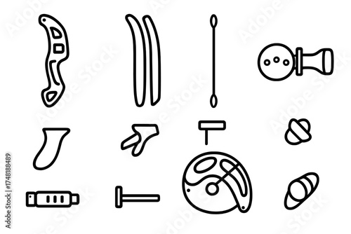 Archery Bow Components. Line style icons of different bow parts: riser, limbs, string, grip, arrow rest, sight, stabilizer, cam