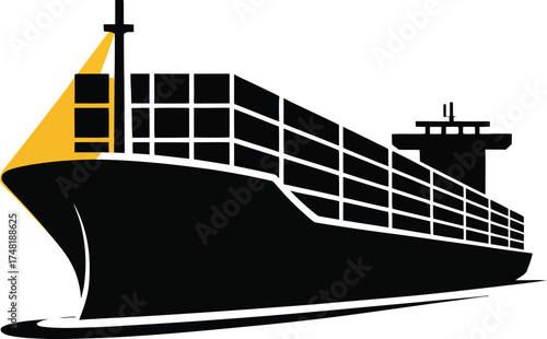 Modern cargo ship silhouette on white background