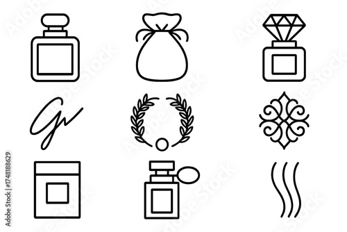 Luxury Perfume Icons. Line style icons of luxury perfume themes: gold bottle, velvet pouch, diamond stopper, signature logo,