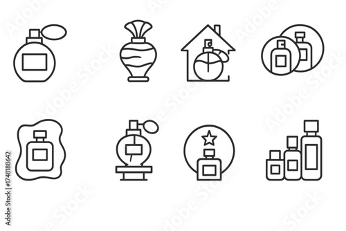 Perfume Icon Concepts. Line style icons of perfume branding concepts: niche label, artistic bottle, house scent, legacy blend,