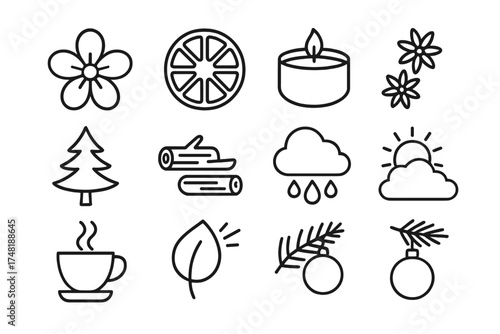 Seasonal Fragrance Icons. Line style icons of seasonal fragrance moods: spring floral, summer citrus, autumn spice, winter woody,