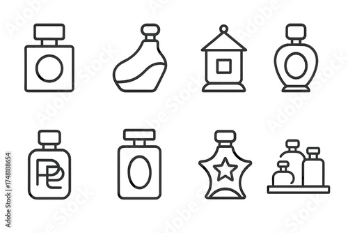 Perfume Icon Concepts. Line style icons of perfume branding concepts: niche label, artistic bottle, house scent, legacy blend,