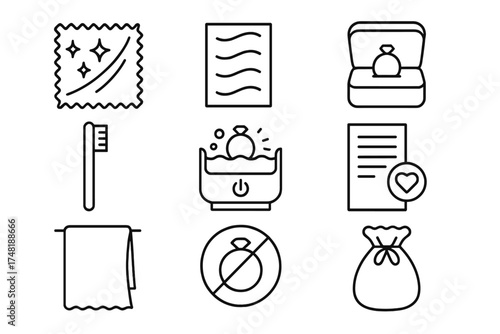 Jewelry Care Icons. Line style icons of jewelry care symbols: polishing cloth, anti-tarnish strip, jewelry box, soft brush,