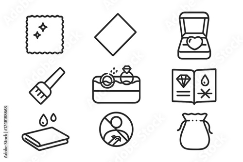 Jewelry Care Icons. Line style icons of jewelry care symbols: polishing cloth, anti-tarnish strip, jewelry box, soft brush,