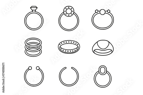 Ring Design Icons. Line style icons of ring design variations: solitaire ring, halo ring, three-stone ring, stackable ring,