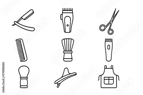 Barbering Tools Icons. Line style icons of barbering tools: straight razor, electric clipper, barber scissors, comb, neck brush,