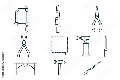 Jewelry Crafting Tools. Line style icons of jewelry crafting tools: jeweler's saw, ring mandrel, metal file, needle-nose pliers,
