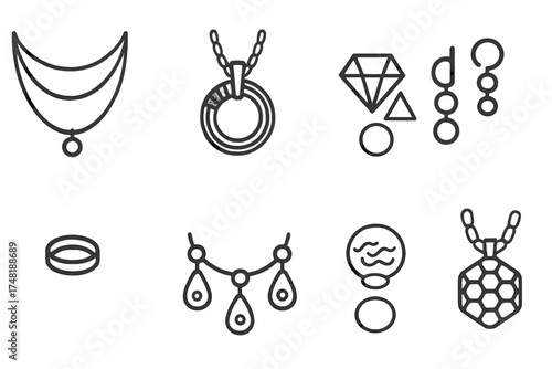 Modern Jewelry Icons. Line style icons of modern jewelry trends: layering chains, mixed metals, geometric shapes, mismatched