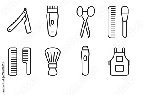 Barbering Tools Icons. Line style icons of barbering tools: straight razor, electric clipper, barber scissors, comb, neck brush,