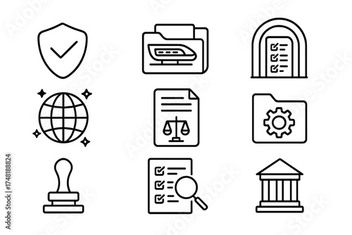 Hyperloop Regulatory Icons. Line style icons of Hyperloop regulation and standards: safety certification, transport law file,