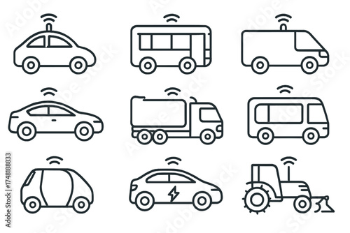 Autonomous Vehicle Icons. Line style icons of autonomous vehicle types: self-driving car, autonomous bus, delivery robot van, robo