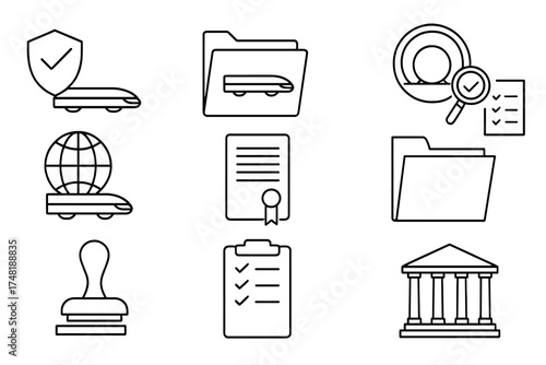 Hyperloop Regulatory Icons. Line style icons of Hyperloop regulation and standards: safety certification, transport law file,