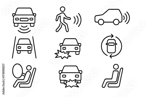 AV Safety Icons. Line style icons of AV safety features: collision warning, pedestrian detection, blind-spot monitor, lane keep