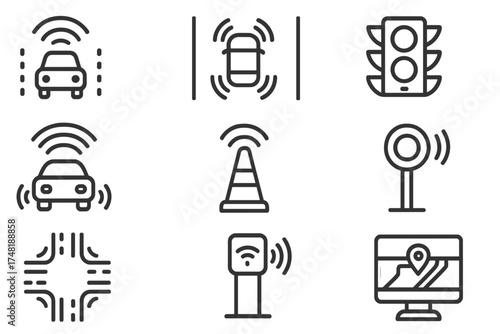 AV Infrastructure Icons. Line style icons of AV infrastructure support: smart road, dedicated AV lane, connected traffic light,
