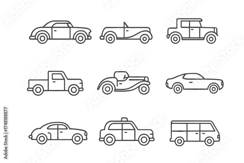 Vintage Car Icons. Line style icons of vintage car types: classic coupe, retro convertible, antique sedan, vintage truck, 1930s