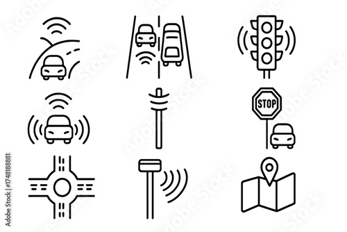AV Infrastructure Icons. Line style icons of AV infrastructure support: smart road, dedicated AV lane, connected traffic light,