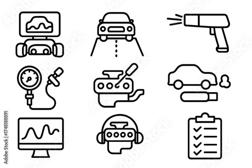 Vintage Car Icons. Line style icons of vintage car test and tuning: dyno machine, road test icon, timing light, compression gauge,