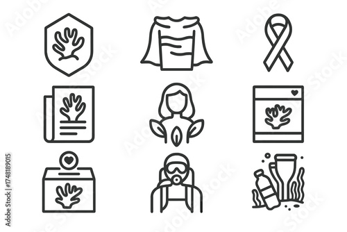 Marine Conservation Icons. Line style icons of marine conservation outreach: coral badge, ocean hero logo, awareness ribbon, reef