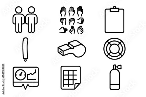Dive Safety Icons. Line style icons of dive safety and communication: dive buddy, hand signal set, underwater slate, safety