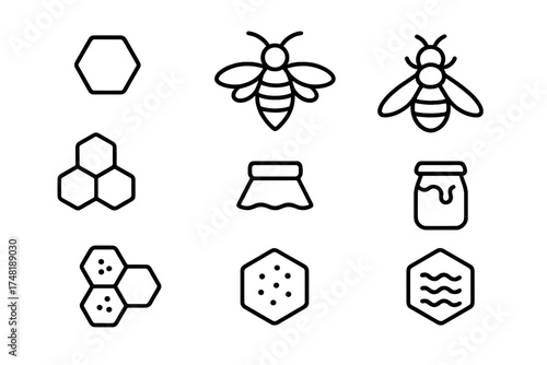 Hive Interior Icons. Line style icons of hive interior: honeycomb cell, queen bee, drone bee, worker bee, brood chamber, wax cap,