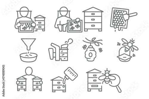 Beekeeping Icons. Line style icons of beekeeping activities: hive inspection, honey harvest, frame cleaning, wax filtering, smoker