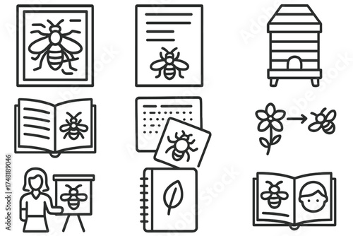 Bee Education Icons. Line style icons of educational tools: bee anatomy diagram, bee facts poster, hive model, learning booklet,