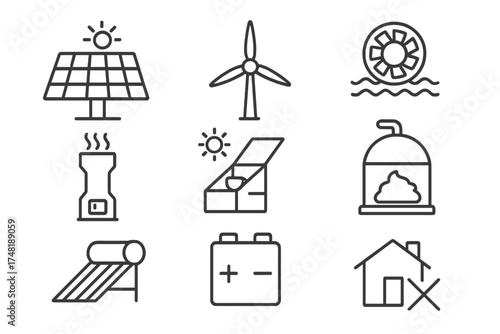 Renewable Energy Icons. Line style icons of renewable energy use: solar panel, wind turbine, micro hydro wheel, rocket stove,