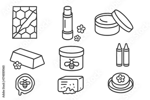 Beeswax Uses Icons. Line style icons of beeswax uses: wax wrap, lip balm tube, salve tin, beeswax block, wood polish container,