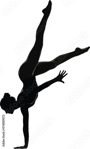 Silhouette of a gymnast isolated on white background, performing a handstand with legs split, showcasing strength, balance, and flexibility