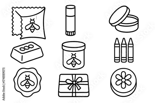 Beeswax Uses Icons. Line style icons of beeswax uses: wax wrap, lip balm tube, salve tin, beeswax block, wood polish container,