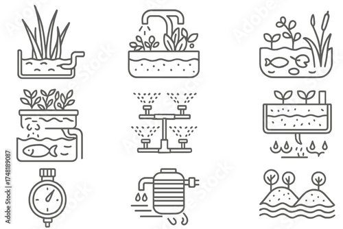 Permaculture Water Icons. Line style icons of permaculture water systems: greywater reed bed, water garden, pond ecosystem,
