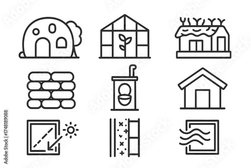 Sustainable Structures Icons. Line style icons of sustainable structures: cob house, greenhouse, straw bale building, earthbag