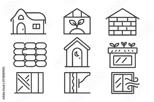 Sustainable Structures Icons. Line style icons of sustainable structures: cob house, greenhouse, straw bale building, earthbag