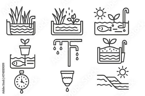 Permaculture Water Icons. Line style icons of permaculture water systems: greywater reed bed, water garden, pond ecosystem,