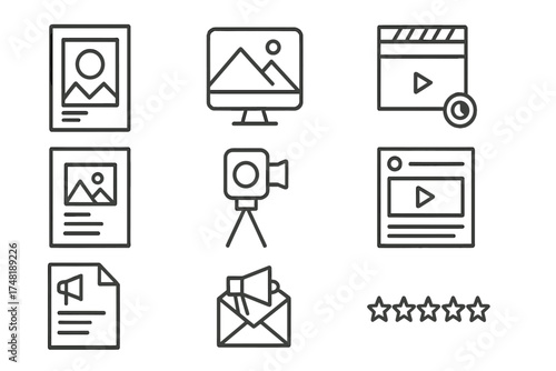 Indie Film Icon Set. Line style icons of indie film promotion: poster design, teaser frame, trailer icon, social post,