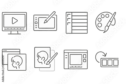 Anime Production Tools Icons. Line style icons of anime production tools: animation software, digital pen tablet, timeline layers,