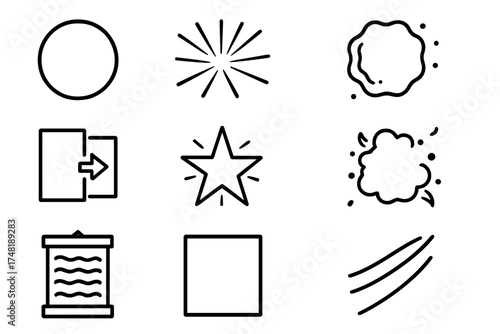 Anime Transition Icons. Line style icons of anime scene transitions: fade to black, flash cut, ripple effect, sliding panel, star